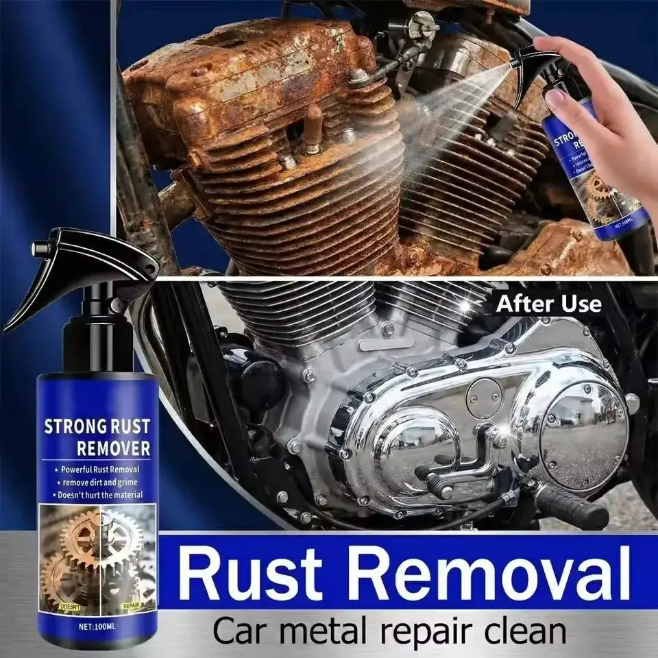Rust Removal spray by Simples Market for cars; blue bottle beside a rusted engine and shiny chrome after use.