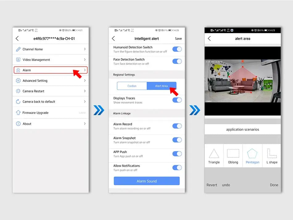 Techage IP camera app UI showing alarm settings and alert-area configuration screens