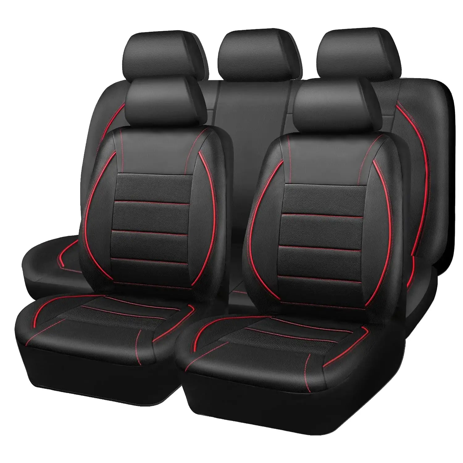 Universal Leather Car Seat Covers for 5-seat cars, black with red contrast stitching on 2 front seats