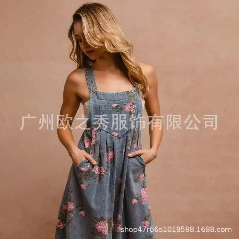Denim floral print sleeveless jumpsuit for women with pockets and pleated detailing, long pants