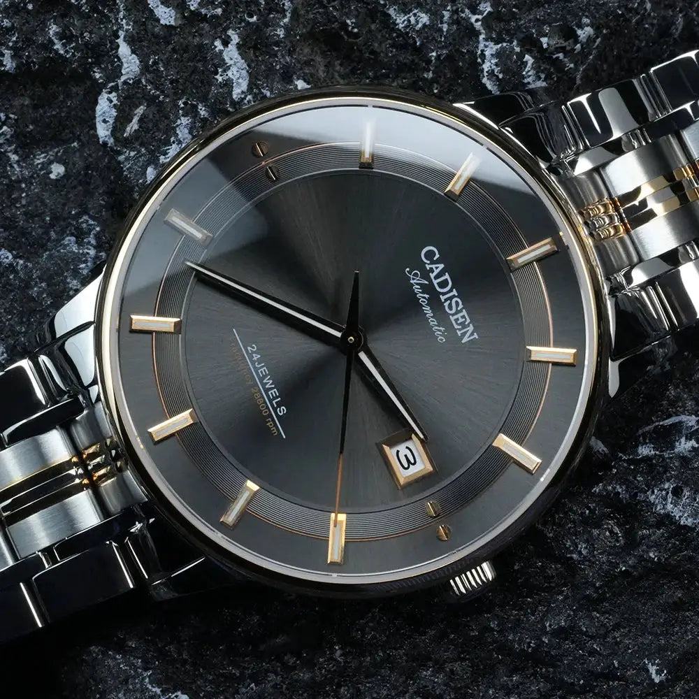 CADISEN Ultra-thin Mechanical Wristwatch, two-tone stainless steel bracelet with gold-tone markers and sapphire crystal