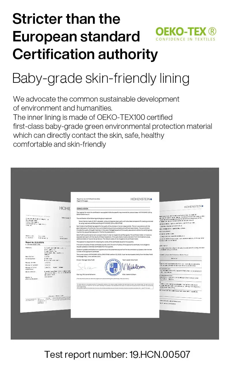 Textile certification documents collage with OEKO-TEX logo on gray background; test report 19.HCN.00507