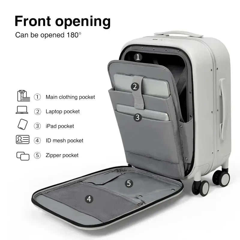Mixi aluminum-frame carry-on suitcase with front-opening pocket organizer, silver, 18/20/24 in, by Simples Market.