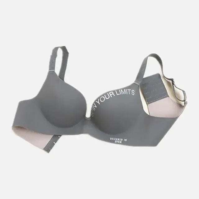 Gray seamless cup bralette with printed band and adjustable straps