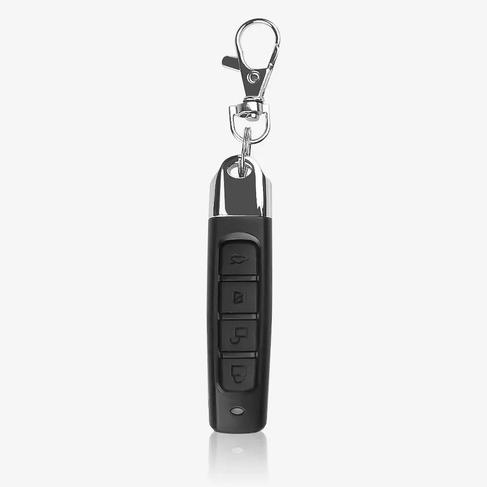 433MHz garage door remote control key fob, black plastic with metal keychain