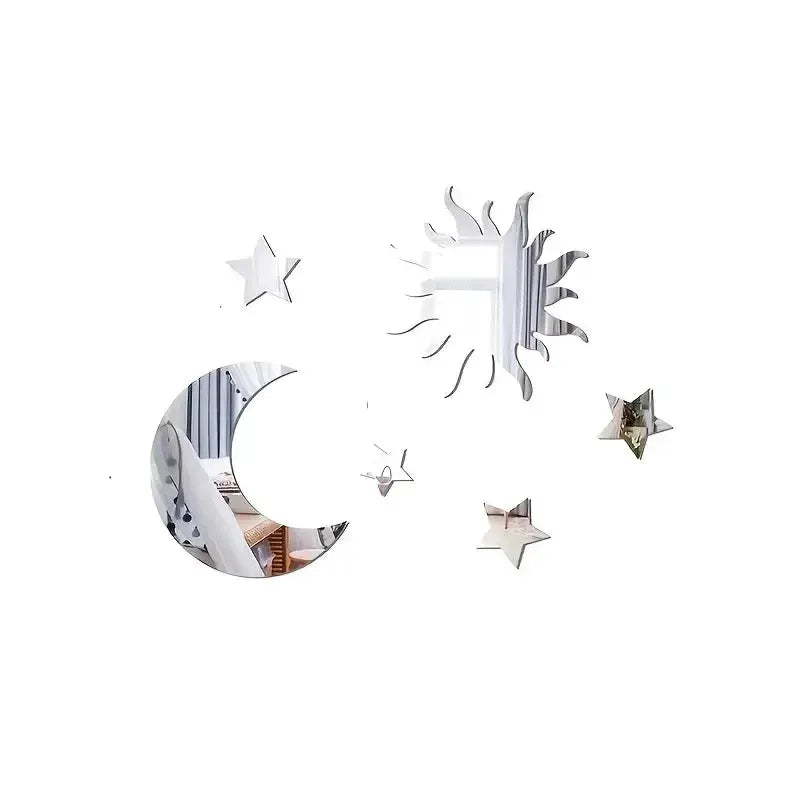 6pcs Star & Moon Mirror Wall Sticker set by Simples Market, silver finish for bedroom and living room decor