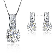 925 Sterling Silver Bridal Jewelry Set With Cubic Zirconia Crystal Pendant Necklace And Stud Earrings