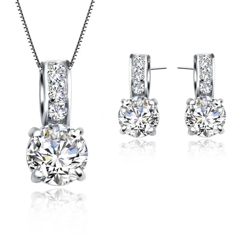 925 Sterling Silver Bridal Jewelry Set With Cubic Zirconia Crystal Pendant Necklace And Stud Earrings