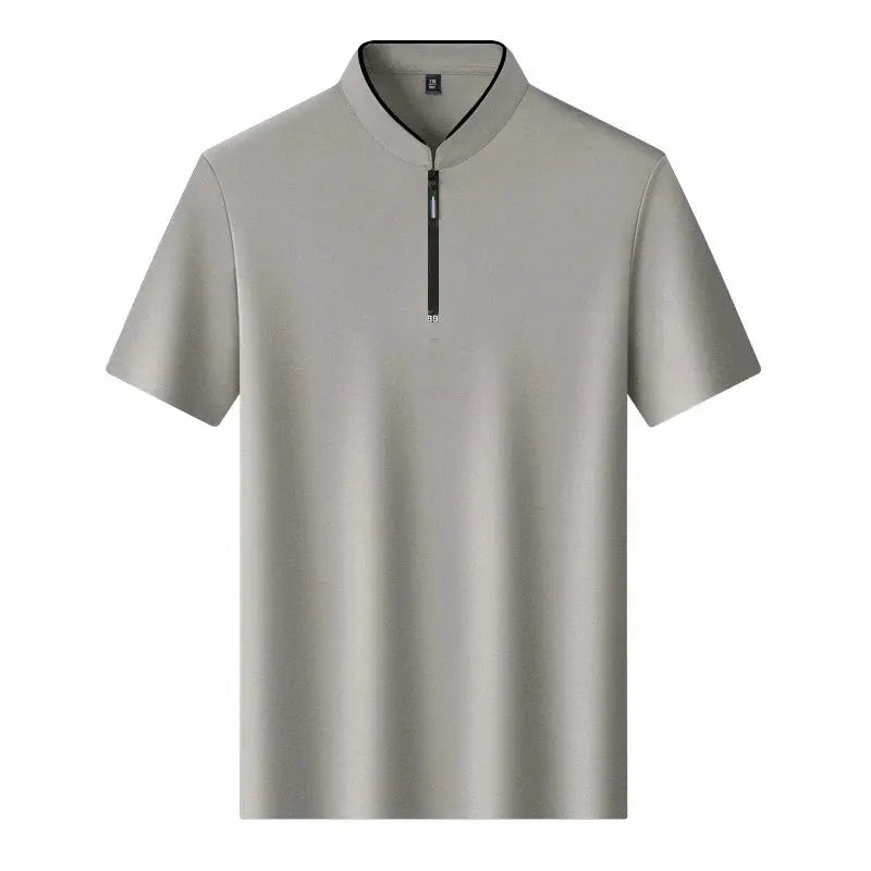 Men's zip-front polo shirt by Simples Market, solid light gray, short sleeves, stand-up collar
