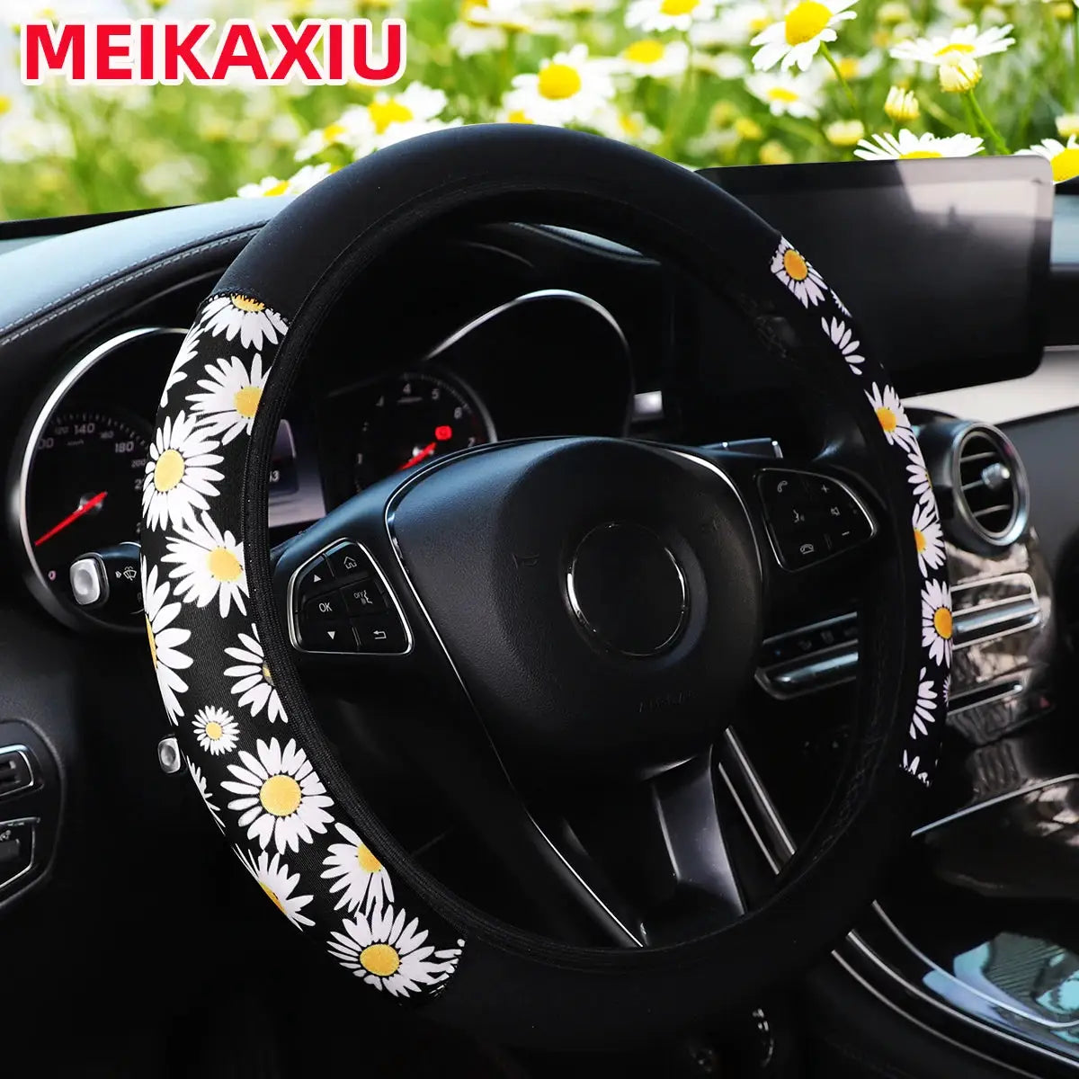 Steering wheel cover 38cm, black floral print with white daisies and yellow centers, Meikaxiu