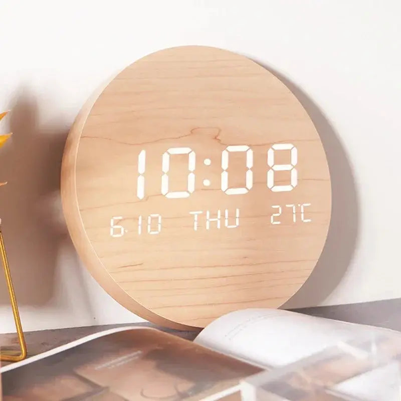 LED Digital Wall Clock by Simples Market, round wooden finish with large white LED time, date and temperature display.