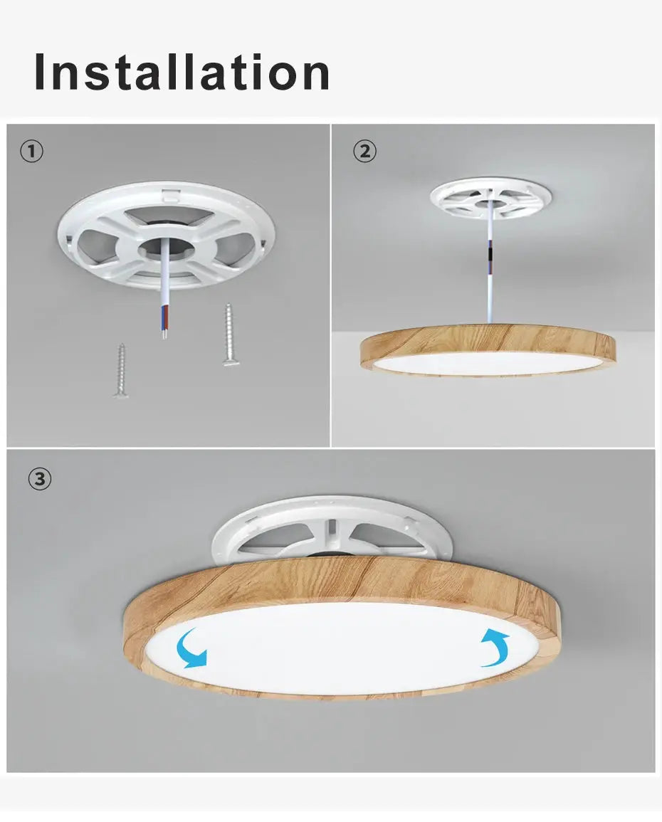 LVL LED ceiling light by Simples Market; wood grain and white round flush-mount, 3-in-1 lighting.