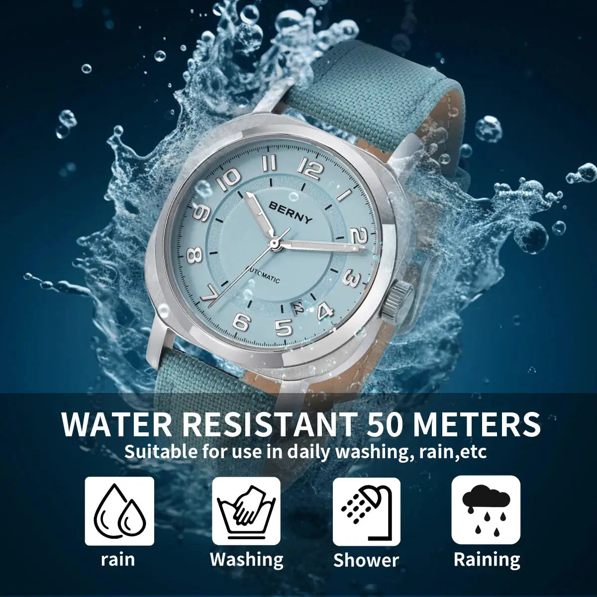 BERNY women's automatic mechanical watch with a teal dial and fabric strap; water resistant to 50 meters