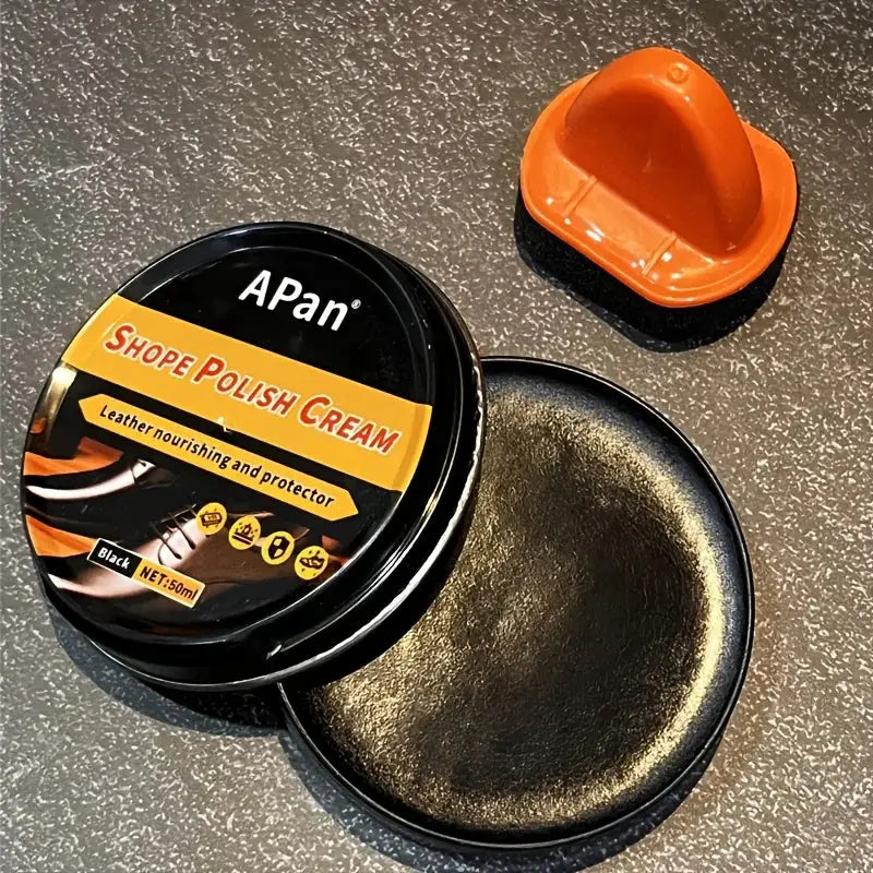 Faux leather shoe polishing kit with Simples Market black tin of colorless wax and orange applicator sponge
