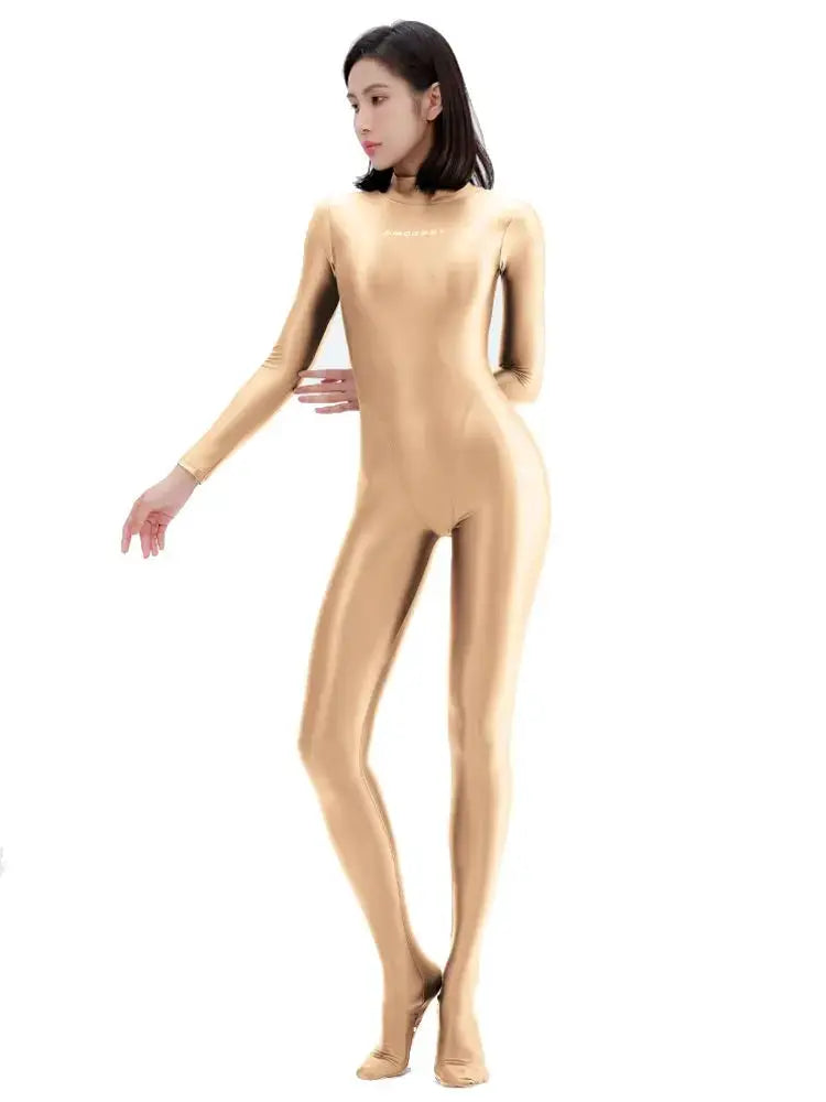 Simples Market AMORESY women's metallic gold wet-look catsuit, full-body Zentai jumpsuit with long sleeves