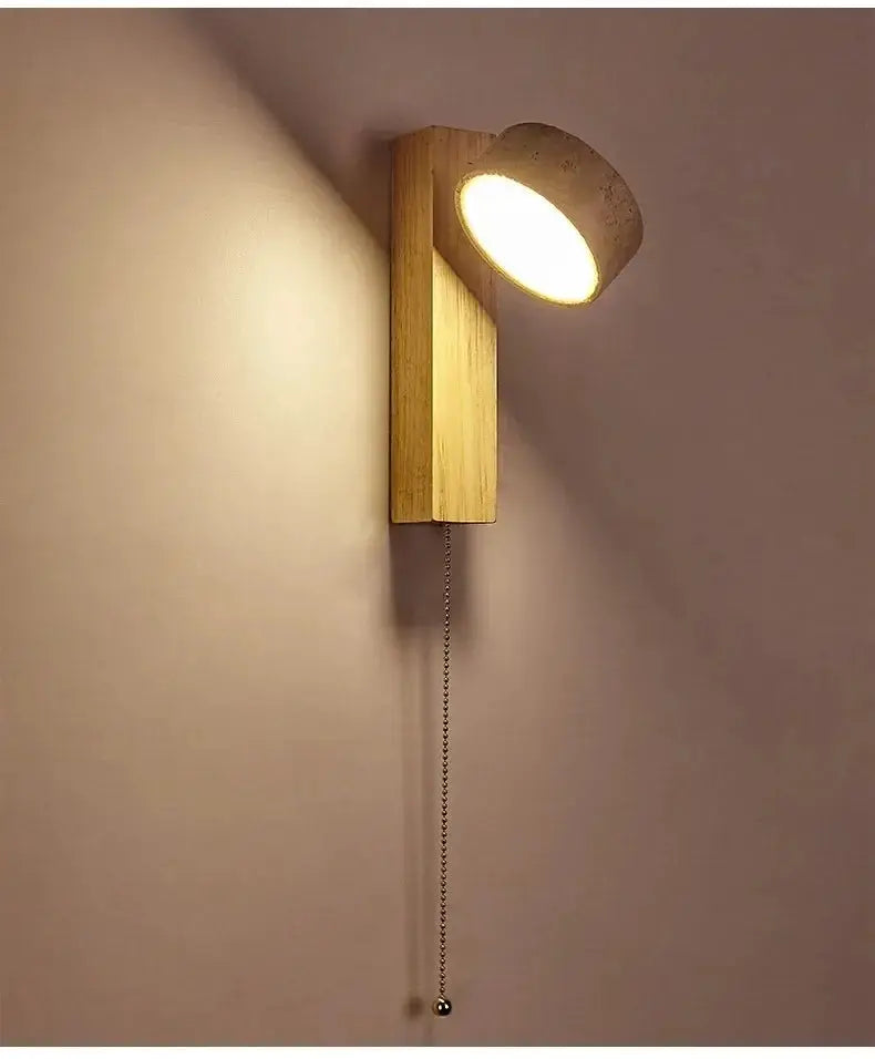 Bedside wall lamp, walnut wood base with round stone-style shade, rotatable LED light and pull-chain switch