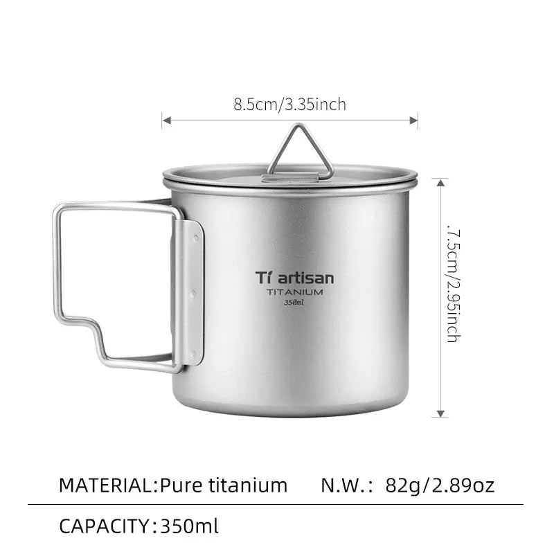 Tiartisan titanium camping mug with foldable handle, 350ml capacity, metallic silver.