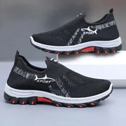 Men's black breathable mesh sport sneakers from Simples Market with white sole and red outsole accents.