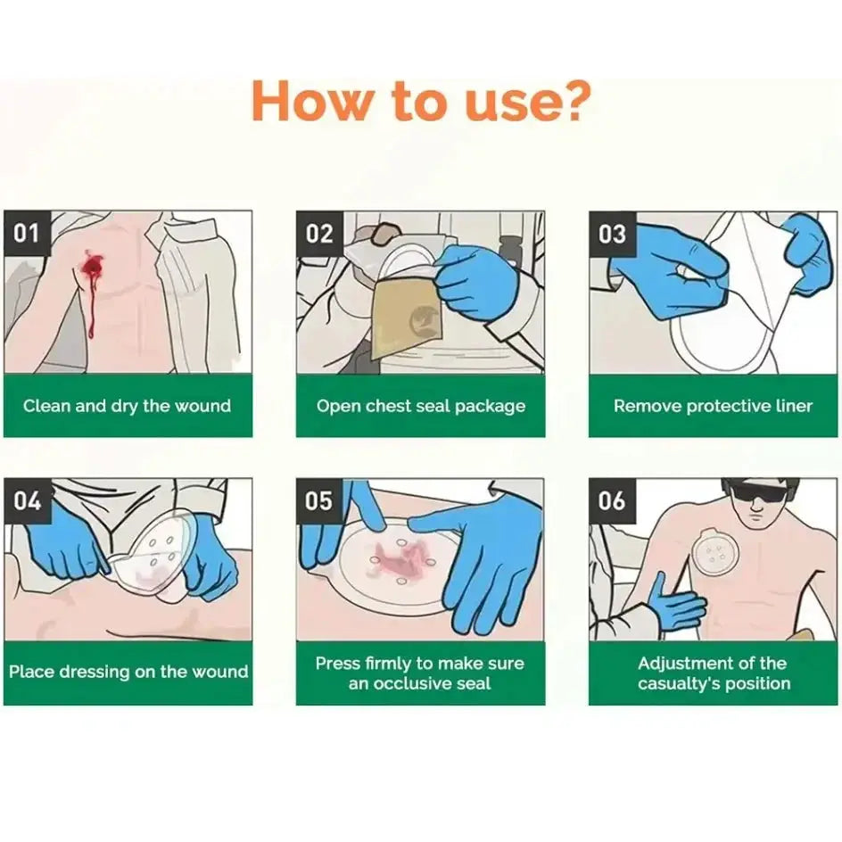 Chest seal with sterile, transparent adhesive; six-step use instructions shown with blue-gloved hands.