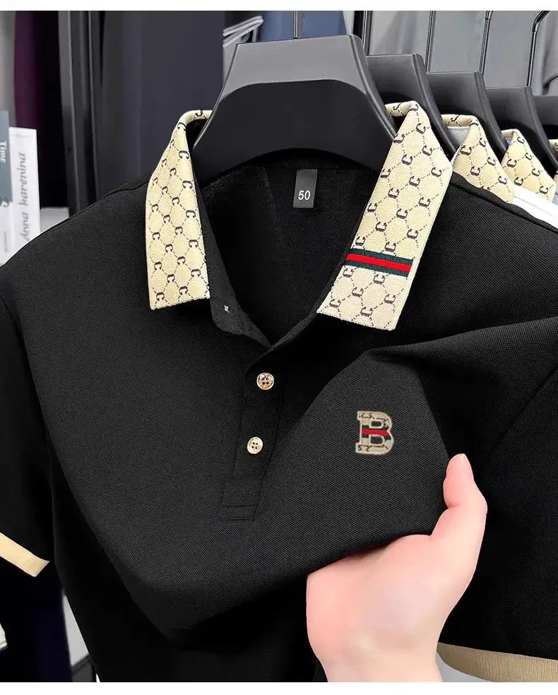 Polo shirt, black with beige patterned collar, B logo embroidery, lightweight short sleeve