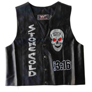Steve Austin 3:16 Smoking Skull vest, black leather with skull patch and vertical AUSTIN lettering