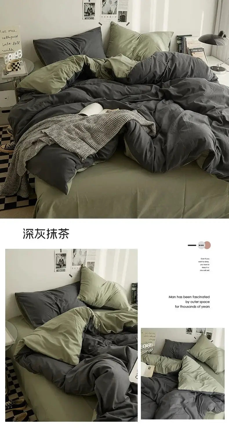 4-piece solid-color double-washed cotton bedding set by Simples Market in dark gray and olive green for dorm bed
