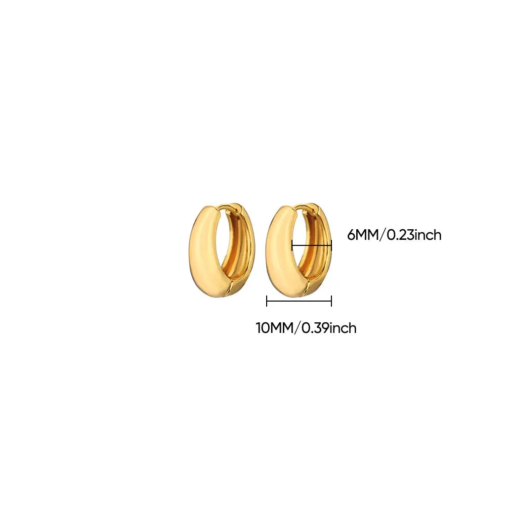 Two gold-tone hoop earrings in 6mm and 10mm sizes, stainless steel minimalist design.