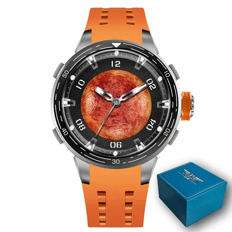 PINDU Design Planet Series mechanical men's watch by Simples Market with orange silicone strap and blue box