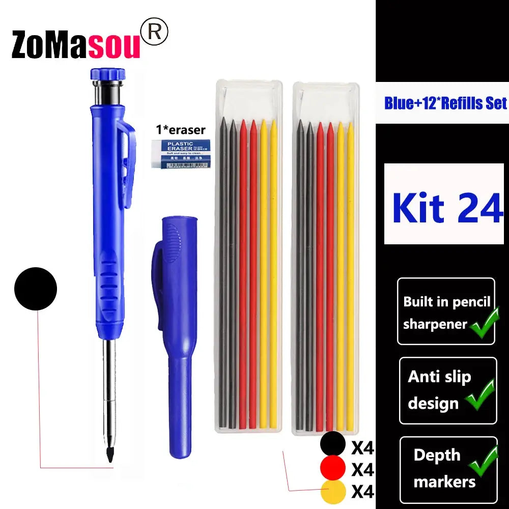 Simples Market blue carpenter mechanical pencil kit with eraser, sharpener and 24 lead refills (red, yellow, black)