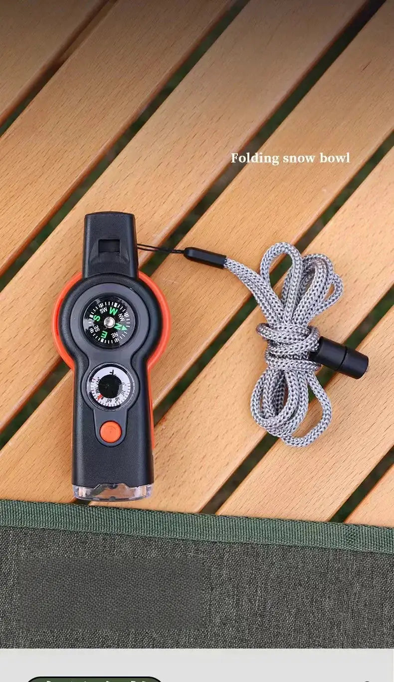 Simples Market outdoor 7-in-1 survival whistle with built-in compass, black and orange handheld with lanyard