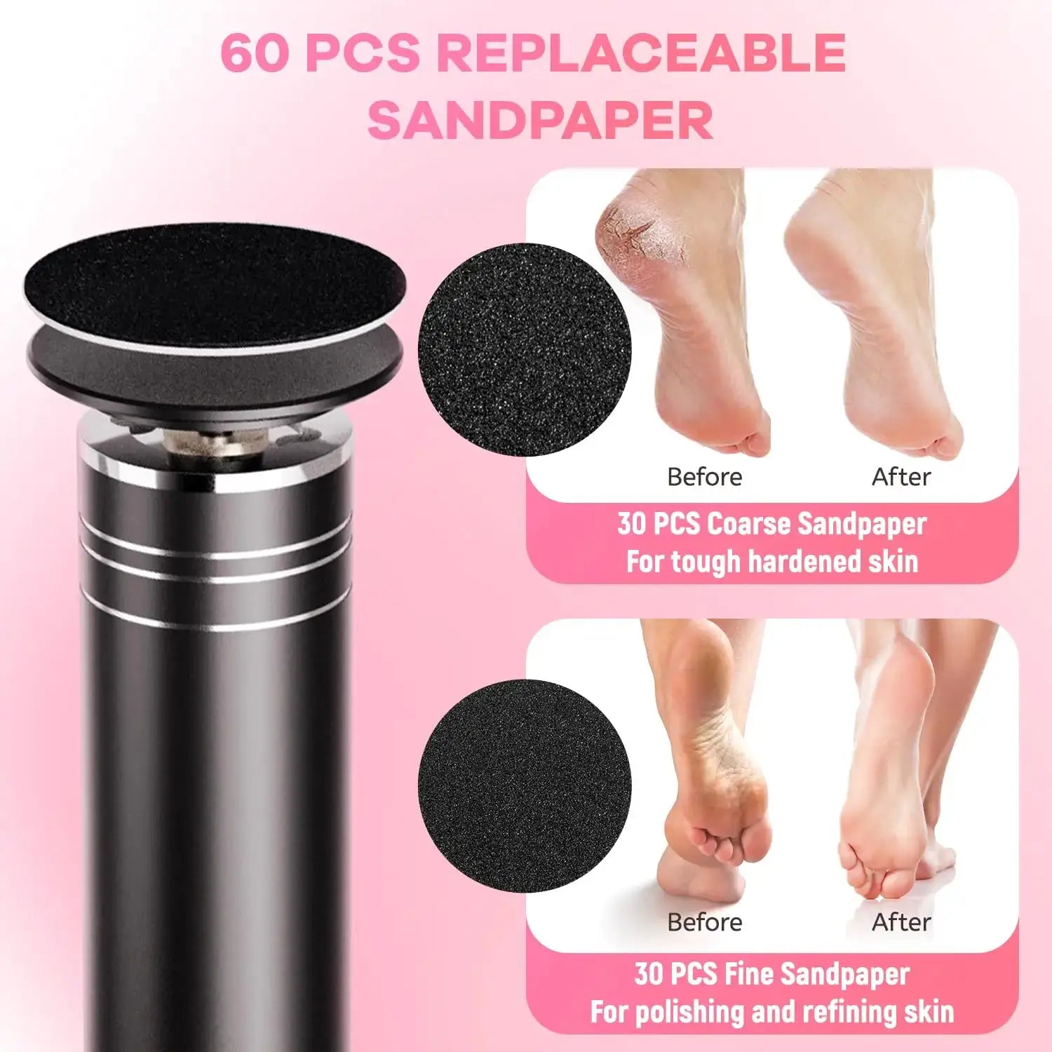 Simples Market electric foot grinder with black body and 60 replaceable sandpaper discs (30 coarse, 30 fine)