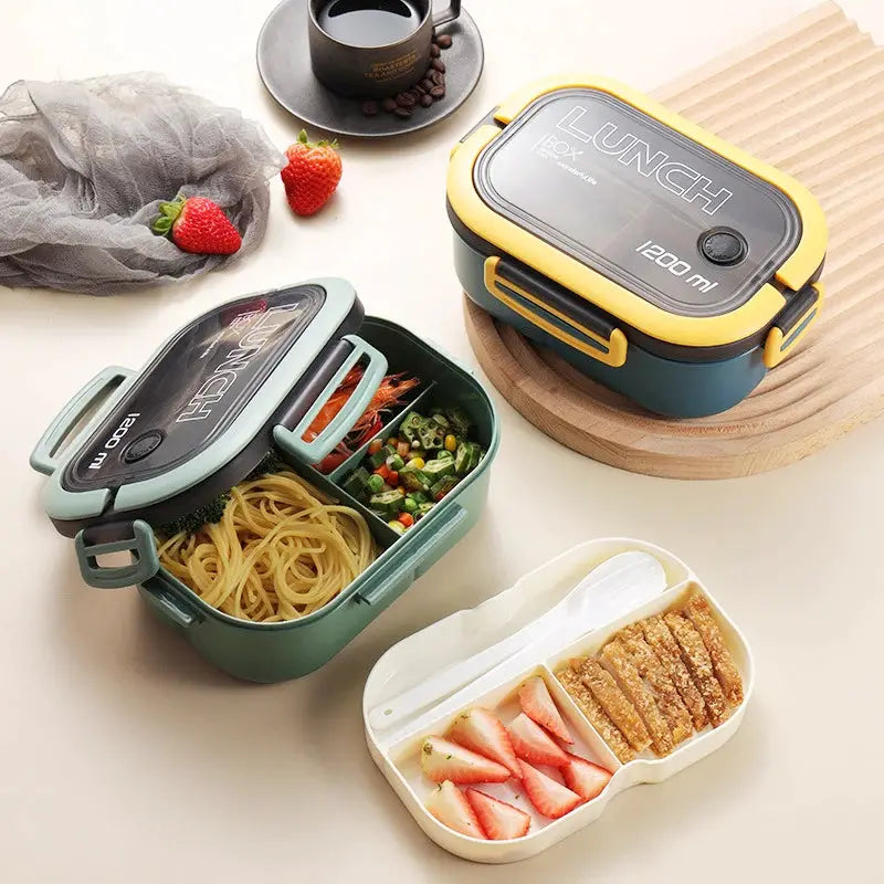 Double Layer Lunch Box Portable Meal Prep Container With Compartments Microwave Safe Leak Resistant Fork And Spoon