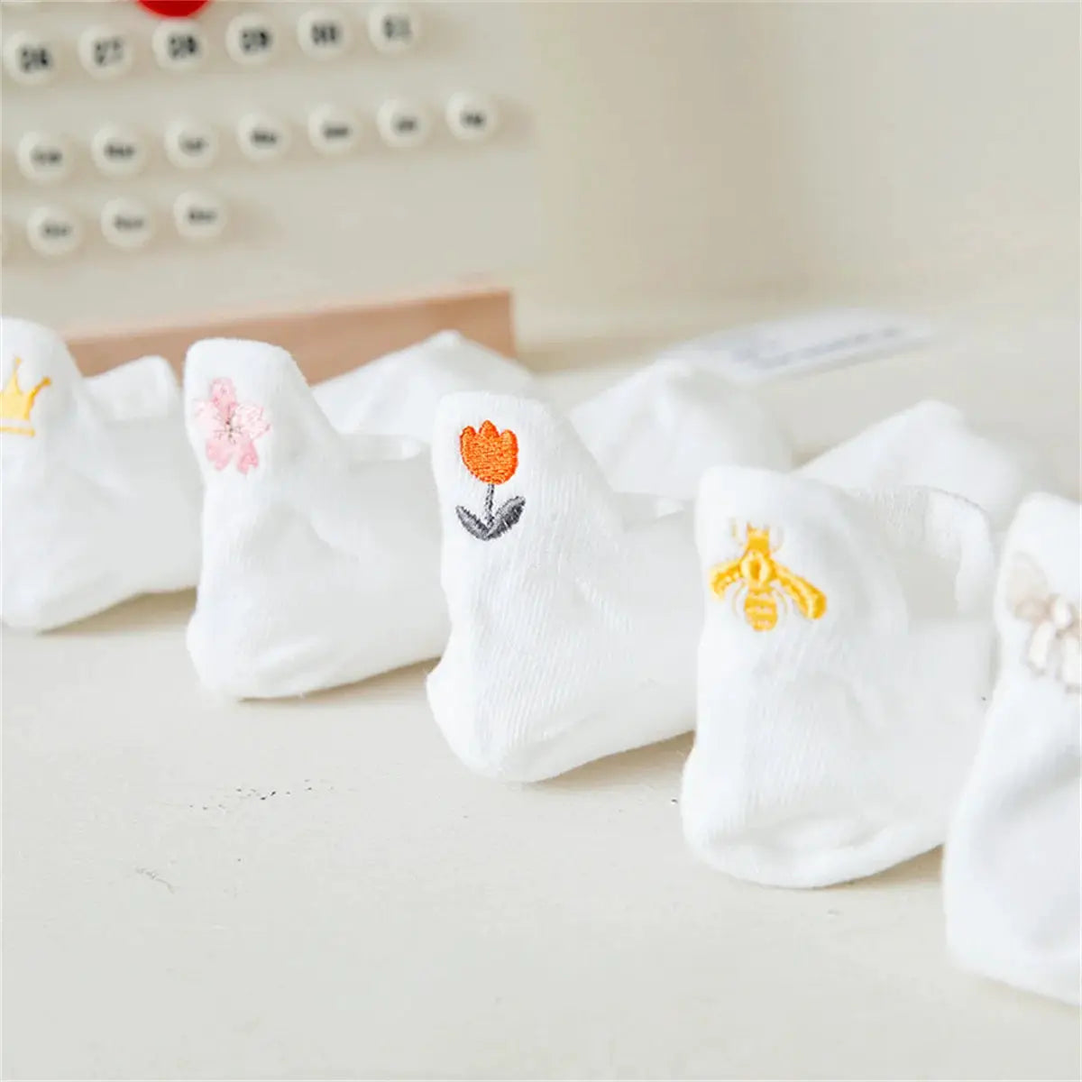 Five Pairs Embroidered Breathable Mesh White Socks For Women Featuring Crown Heart Bee Sakura And Bowknot Designs