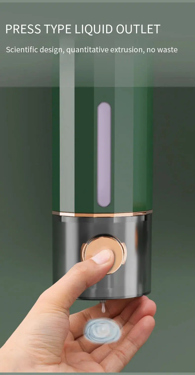 Manual wall-mounted bathroom soap dispenser by Simples Market; green body with rose-gold trim