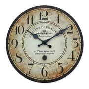 Vintage round wooden wall clock with antique beige dial, bold black numerals and ornate black hands
