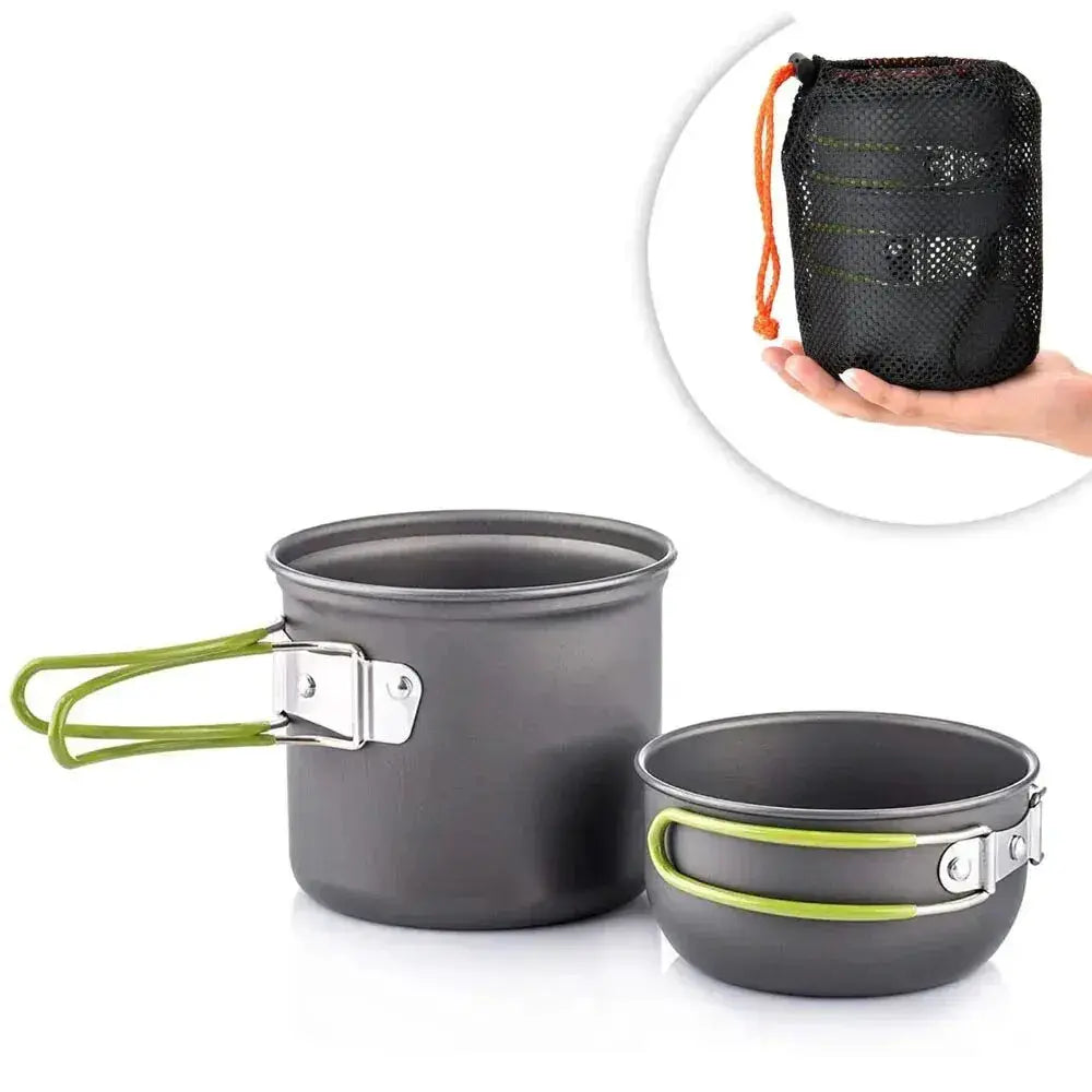 Camping mess kit by Simples Market: ultralight gray cookware with lime-green handles, 2-piece pot set.