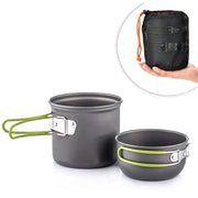 Camping mess kit by Simples Market: ultralight gray cookware with lime-green handles, 2-piece pot set.