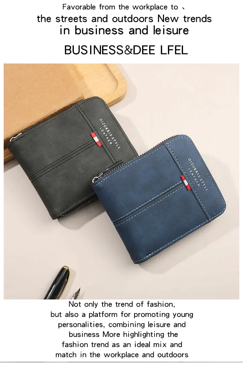 Two men's leather wallets in blue and black with zip closures; compact bifold style.