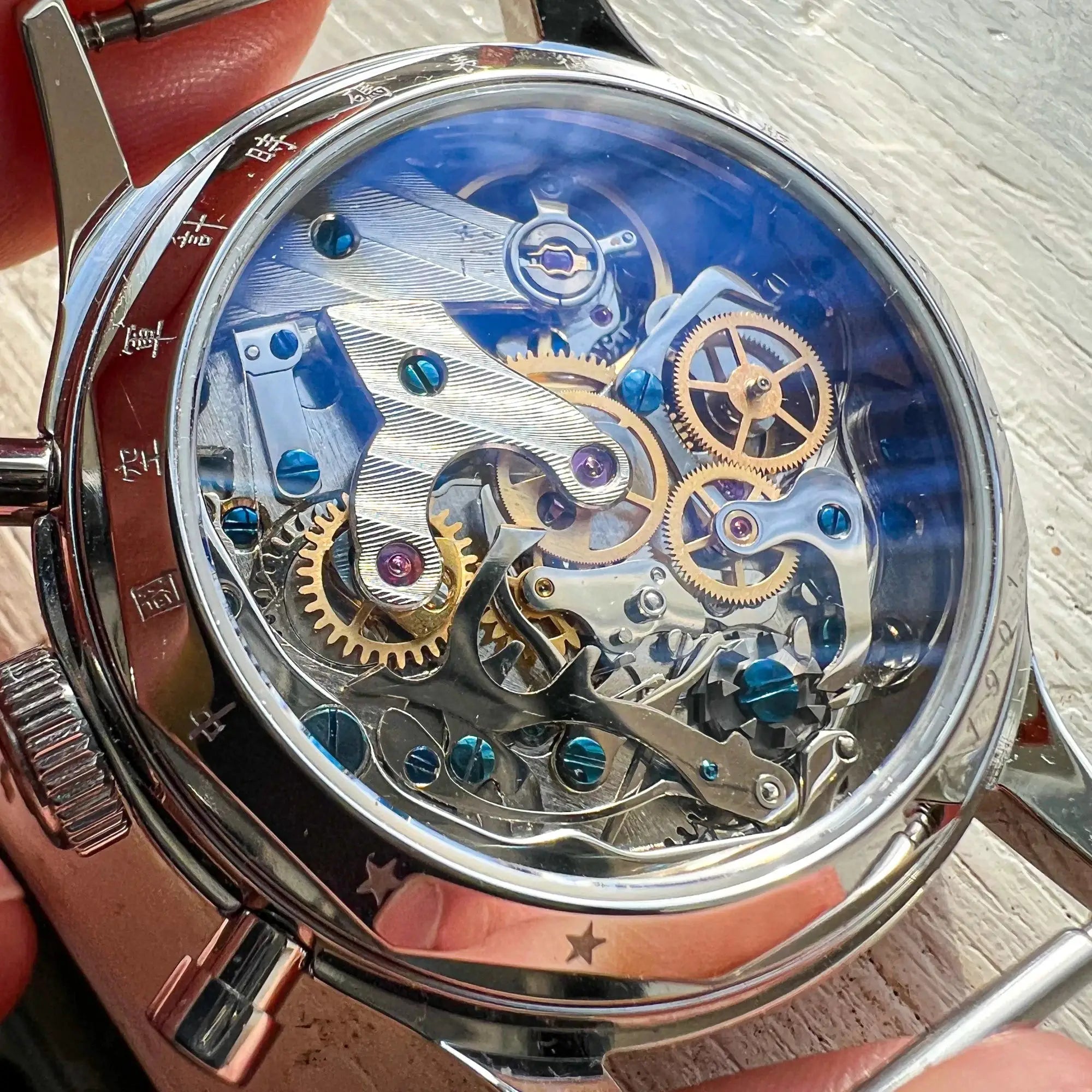 Red Star 38mm men’s mechanical chronograph watch with Seagull ST1901 movement and blue screws, transparent caseback