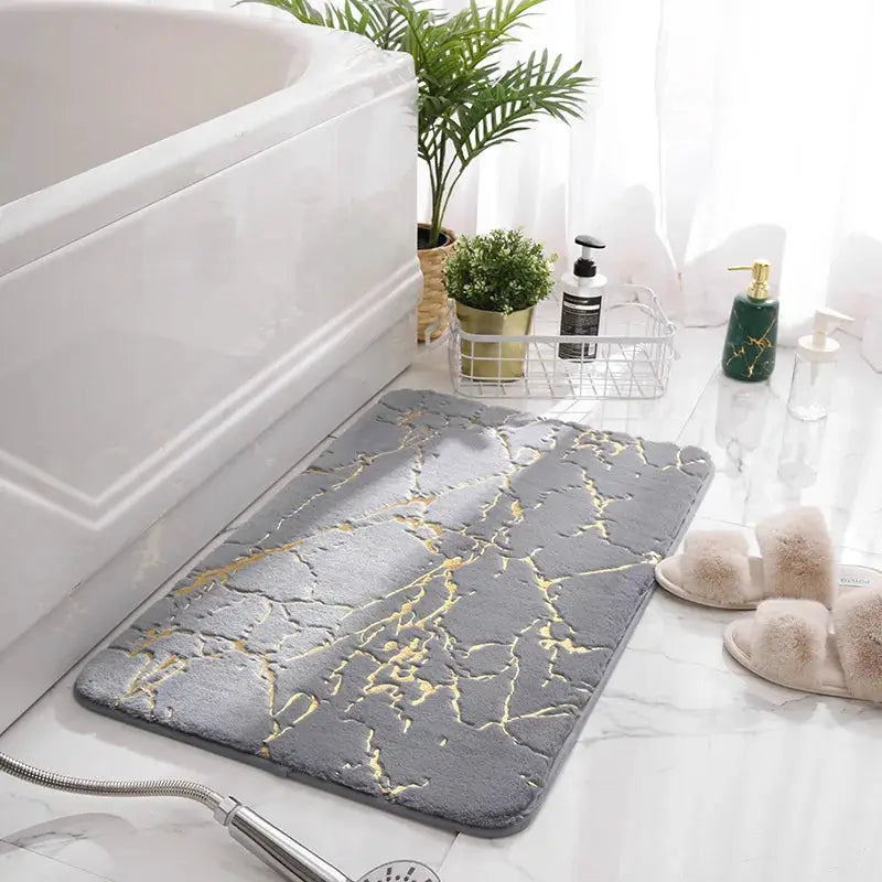MarbleLux Marble Bathroom Rug Nonslip Black Gold With Soft Faux Rabbit Fur Surface And Eco Friendly Backing