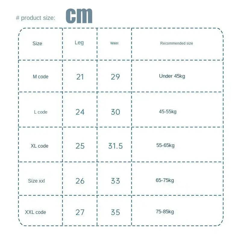 Disposable maternity panties size chart by Simples Market, with M–XXL codes and leg/waist measurements.