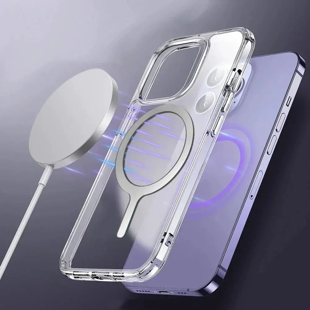 Universal MagSafe magnetic adapter ring for iPhone; clear phone case with round silver metal plate