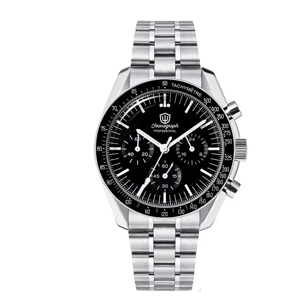 Watchdives WD1863 quartz men's chronograph watch with stainless steel bracelet, black dial, and tachymeter bezel