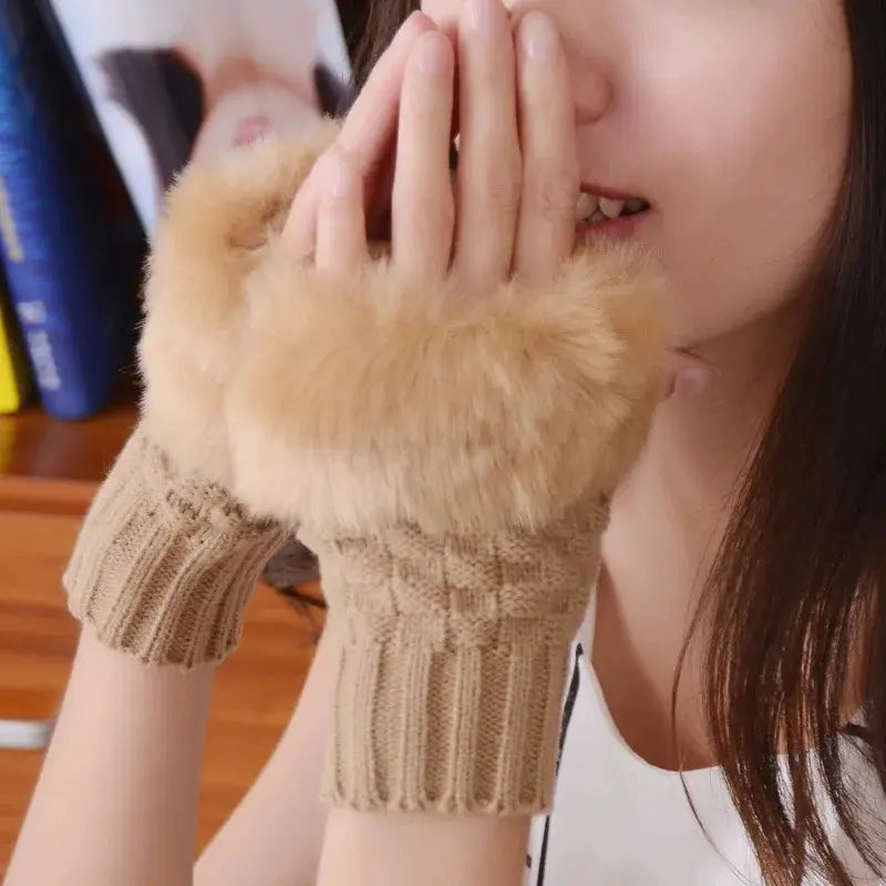 CozyNest Womens Autumn Winter Plush Knitted Half Finger Gloves for Writing and Driving Warm Soft Touch