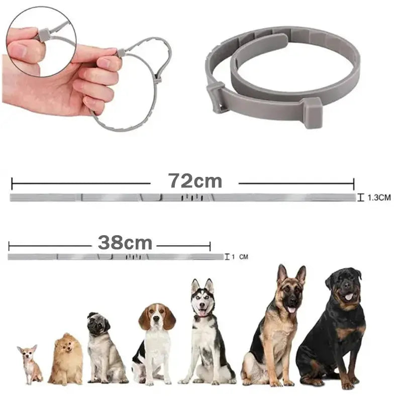Calming pheromone collar for dogs and cats by Simples Market, adjustable 38–72 cm, gray plastic.