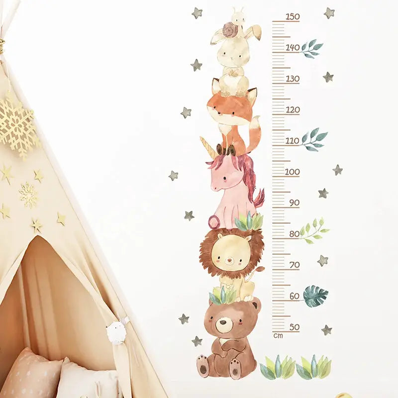 3PC Cartoon Animal Height Ruler wall sticker set; waterproof removable PVC for kids' room, colorful stacked animals.
