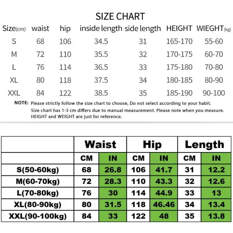 Men's double-layer quick-dry shorts size chart showing waist, hip and length for S–XXL