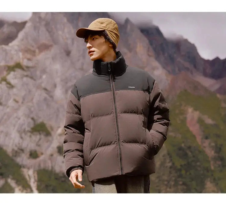 Semir down jacket; brown and charcoal color-block puffer with front zipper for windproof warmth