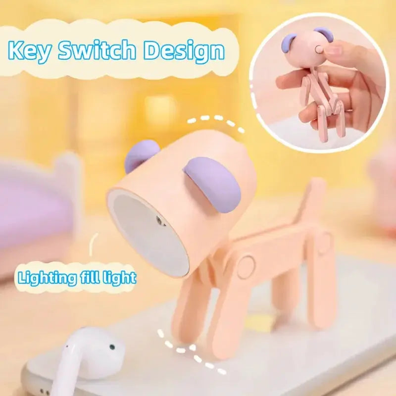 LED mini night light desk lamp in pink with purple ears, foldable animal design