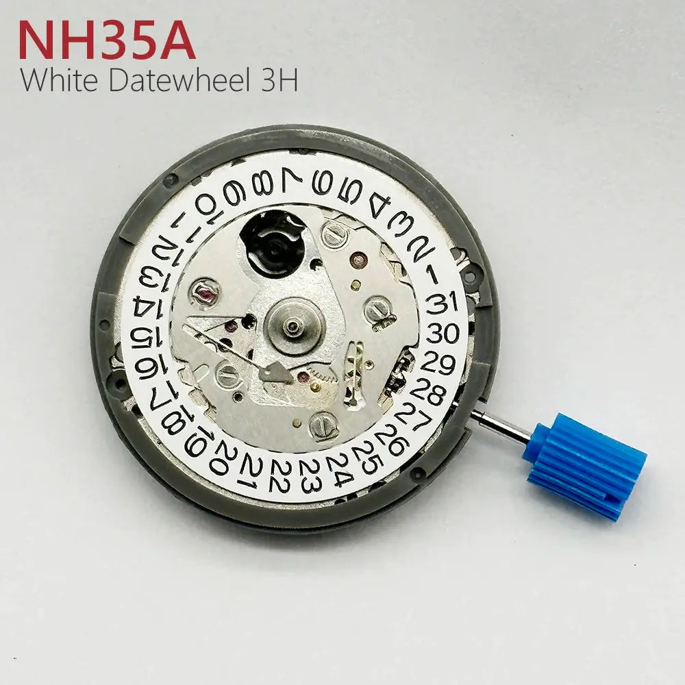 NH35A automatic watch movement with white date wheel, 24 jewels, blue crown stem for mod watches